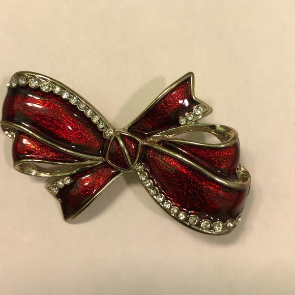 Gorgeous Red Ribbon Bow Rhinestones pin💐 - Picture 1 of 8